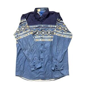Vintage Roper Shirt Men's Blue Aztec Button Up Brushpopper Long Sleeve Sz L